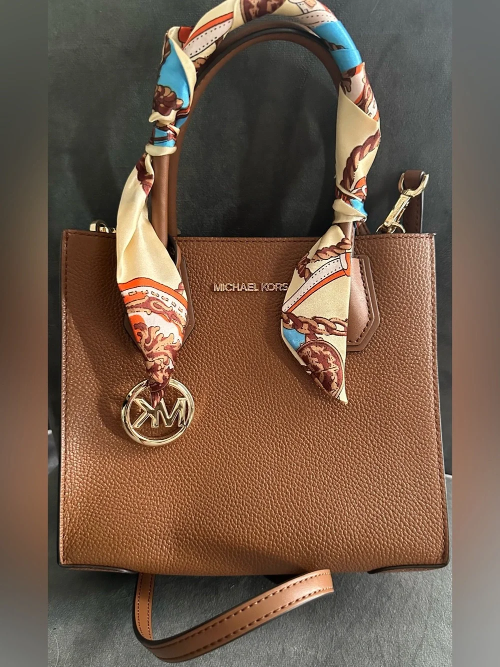 Michael Kors Brown Leather Satchel with Printed Scarf Handles